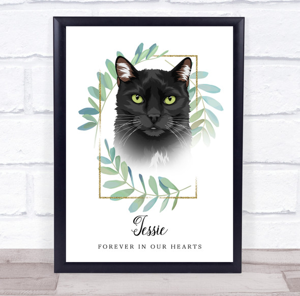 Black Cat Memorial Forever In Our Heart Green Leaves Personalised Gift Print