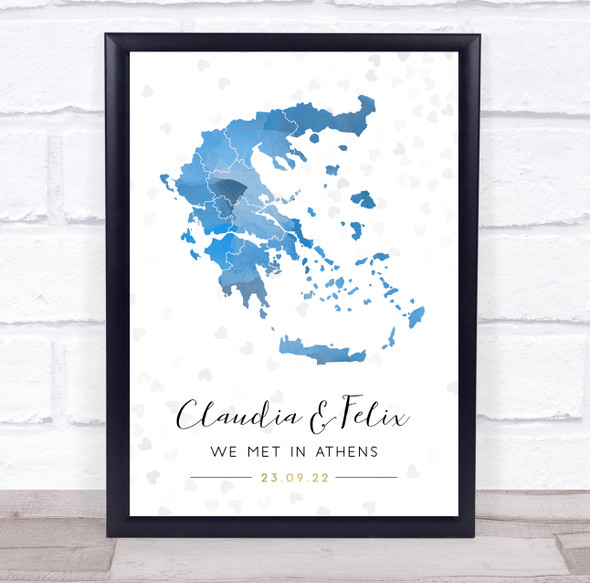 Greece Special Date Watercolour Blue Grey Hearts Personalised Gift Print
