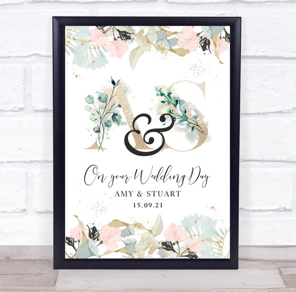 Pink Teal Floral Wedding Gold Shimmer Any Initials Personalised Gift Print
