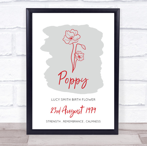 Poppy August Birthday Month Flower Red Line Art Wash Personalised Gift Print