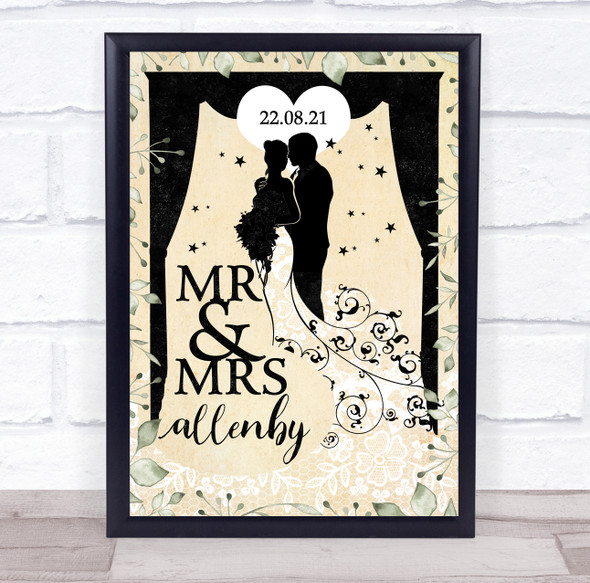 Theatrical Wedding Name Date Gatsby Vintage Foliage Personalised Gift Print