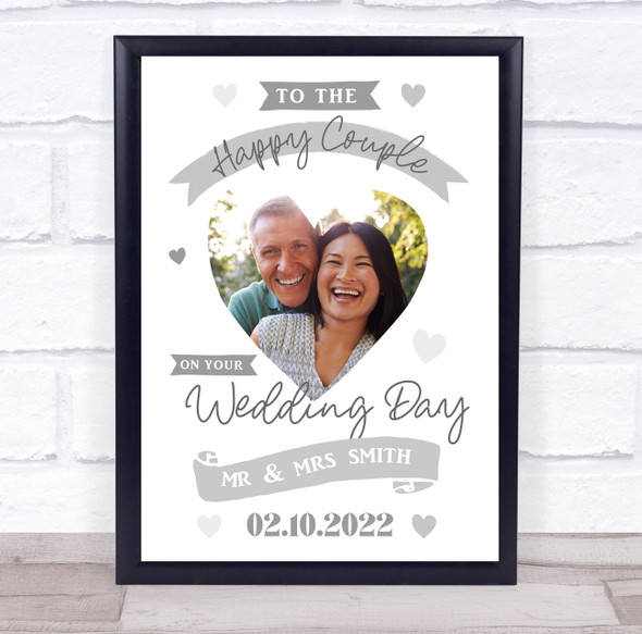 Happy Couple Wedding Photo Silver Typographic Heart Personalised Gift Print