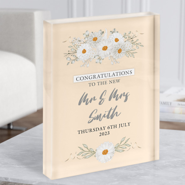 Daisy Flower Wedding Day Mr & Mrs Married Floral Personalised Gift Acrylic Block