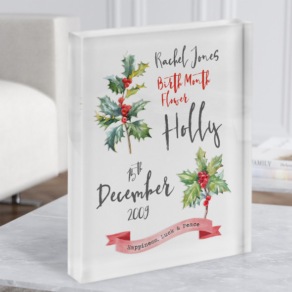 Holly December Birthday Month Flower Watercolour Red Gift Acrylic Block