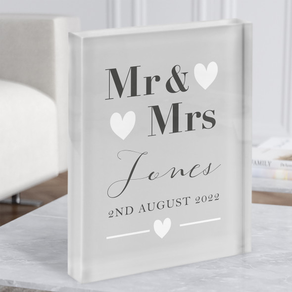 Mr & Mrs Typographic Grey White Heart Wedding Name Gift Acrylic Block