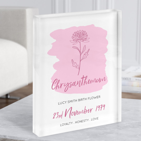Pink Chrysanthemum November Flower Birthday Meaning Love Gift Acrylic Block