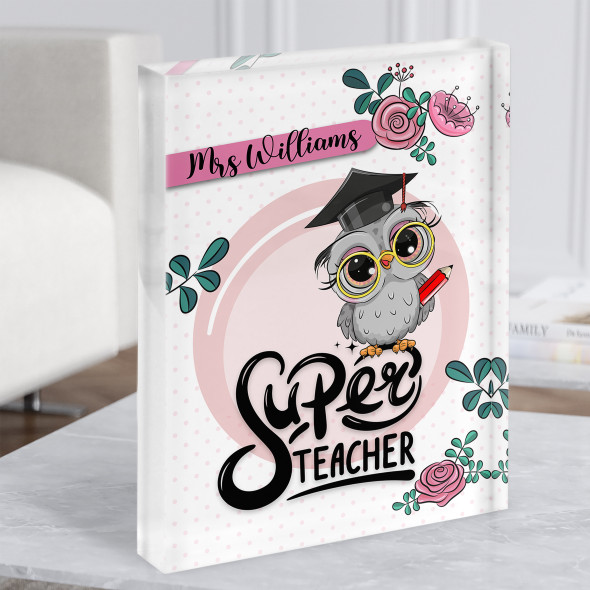 Pink Roses Owl Teacher Thank You School Gift Acrylic Block