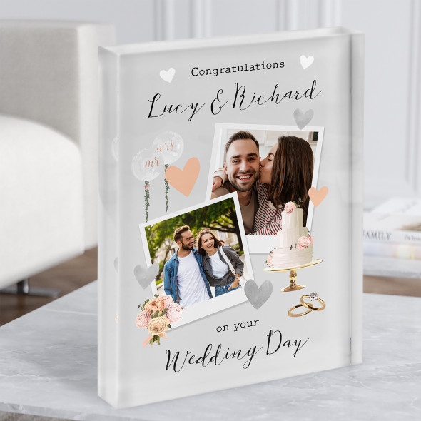 Congratulations Your Wedding Photo Cake Hearts Grey Gift Acrylic Block