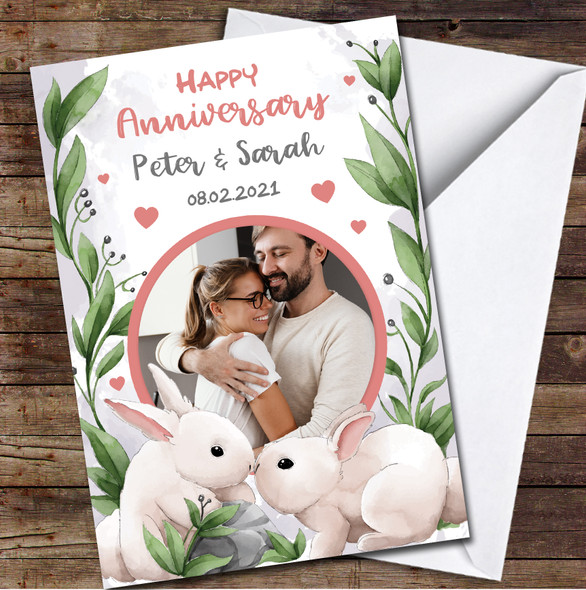Happy Anniversary White Rabbits Cute Love Photo Names Date Personalised Card