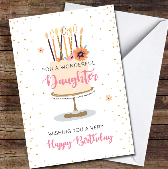 Wonderful Pink Gold Candle Daughter Birthday Cake Celebration Personalised Card