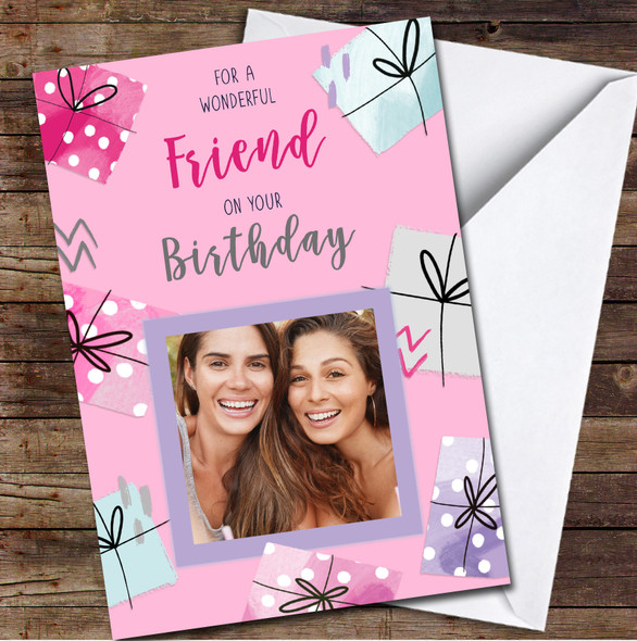Friend Birthday Female Presents Gift Modern Icons Pink Photo Personalised Card