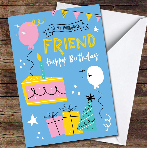 Wonderful Friend Birthday Female Cake Bright Fun Party Icons Personalised Card