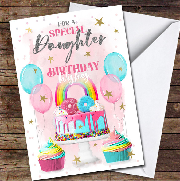 Daughter Birthday Rainbow Cake Party Pink Blue Balloons Personalised Card