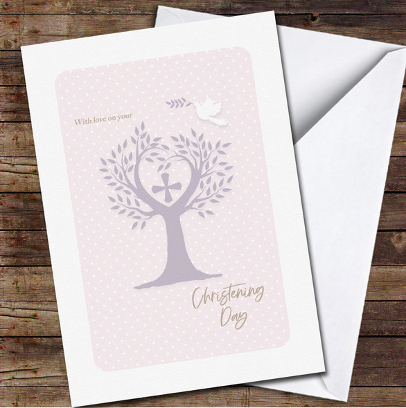 Pink Polka Purple Tree Cross White Dove Christening Day Personalised Card