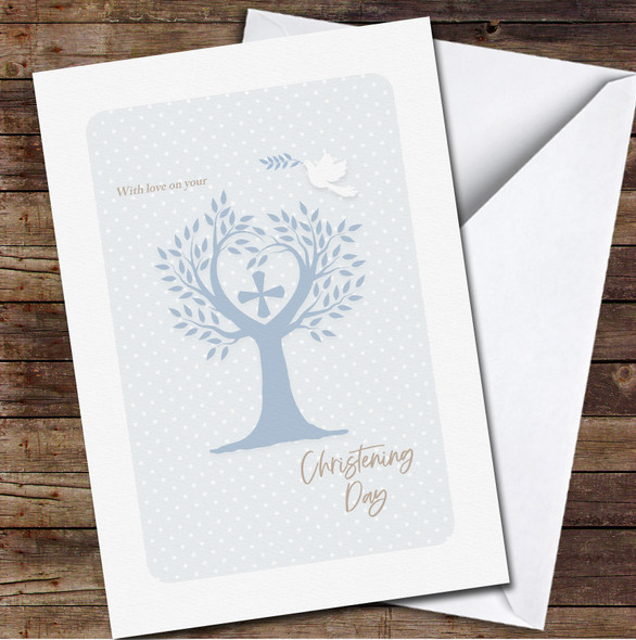 Blue Polka Tree White Dove Christening Day With Love Personalised Card