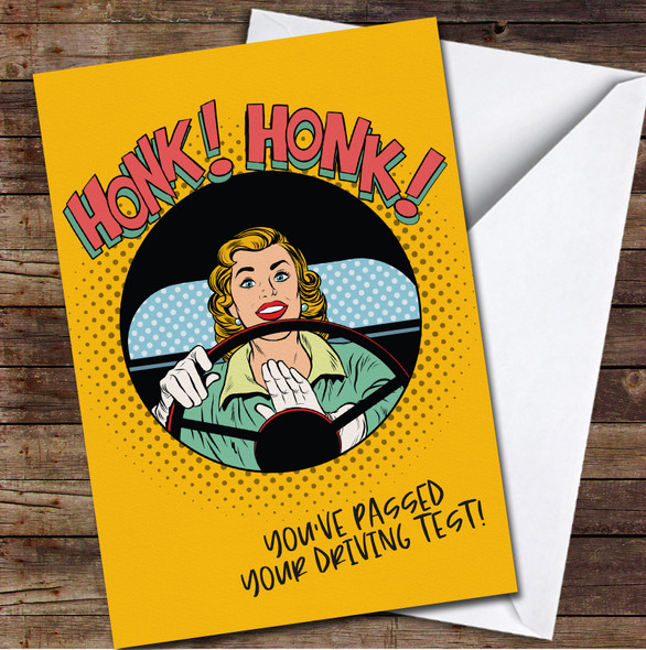Retro Comic Honk New Driver Woman Driving Test You've Passed Personalised Card