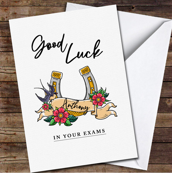 Tattoo Style Gold Horseshoe Name Good Luck Exams Personalised Card