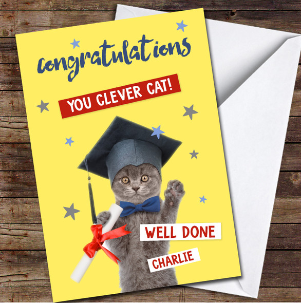 Congratulations You Clever Cat Graduation Uni Well Done Yellow Personalised Card