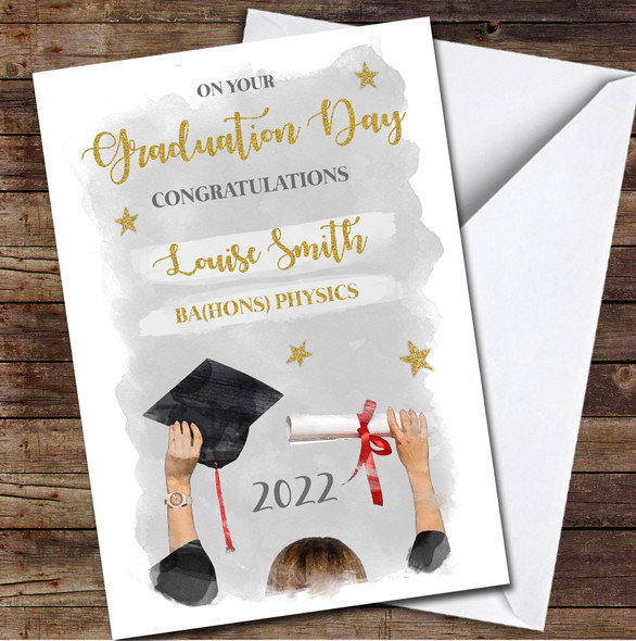 On Your Graduation Gold Congratulations Girl Hat Glitter Wash Personalised Card