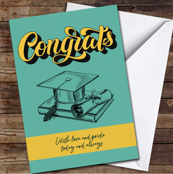 Congrats Graduation Cap Scroll Book Pride Teal Blue Yellow Personalised Card