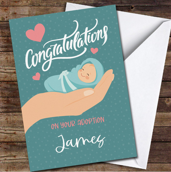 Green Polka Dot Light Skin Hand Holding New Baby Name Personalised Card