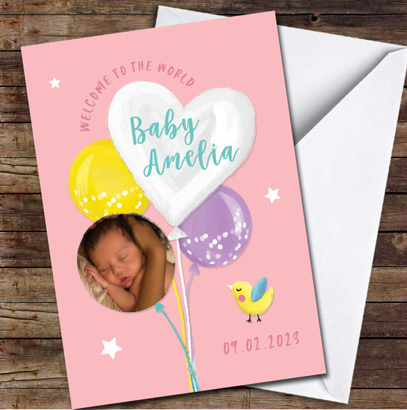 Welcome to the World Girl New Baby Birth Balloons Heart Photo Personalised Card
