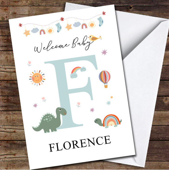 Welcome New Baby Newborn Floral Fun Name & Letter Initial F Personalised Card