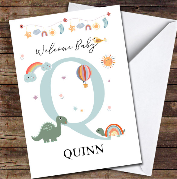 Welcome New Baby Newborn Floral Fun Name & Letter Initial Q Personalised Card