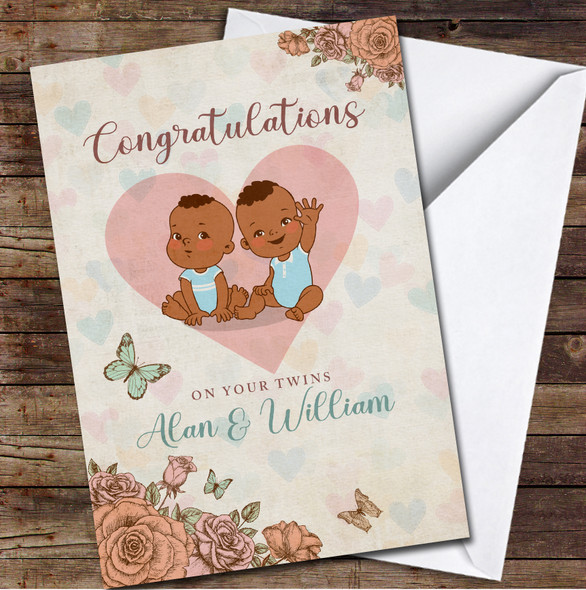 Retro Style Cute Baby Boy Dark Skin Twins New Baby Names Personalised Card