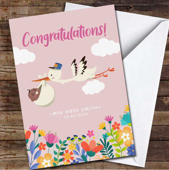 Pink Cute Stork With Dark Skin Baby New Born Name Date Personalised Card