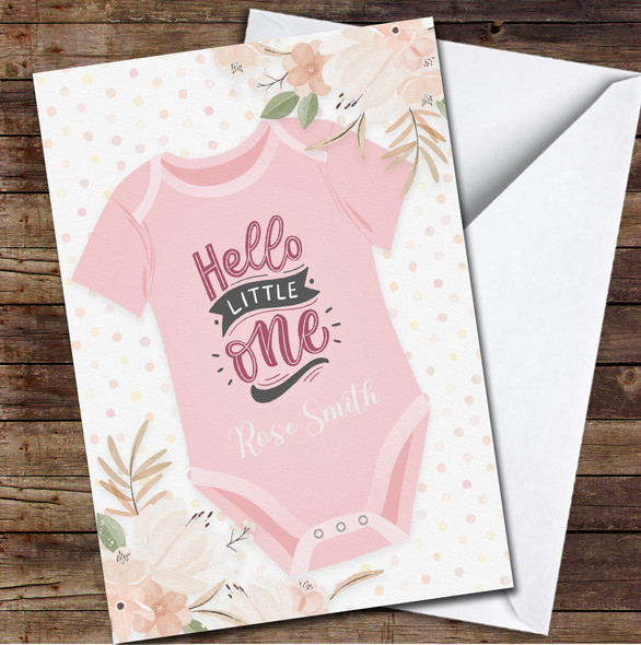 Pink Baby Grow New Baby Hello Newborn Name Floral Personalised Card