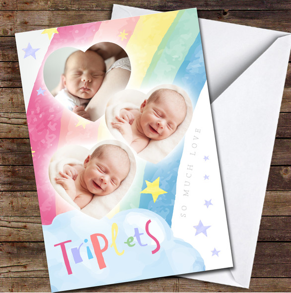 Rainbow Heart New Baby Triplets Photo Personalised Card