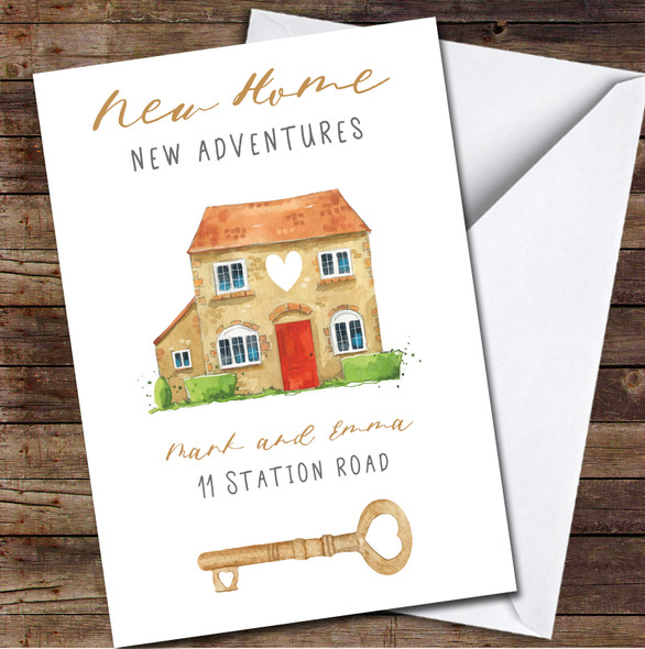New Home New Adventures Brick House Painted Key Hearts Personalised Card