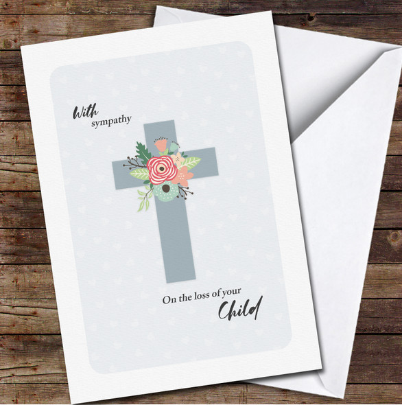 Blue Background With Cross & Flowers Sympathy Child Loss Personalised Card