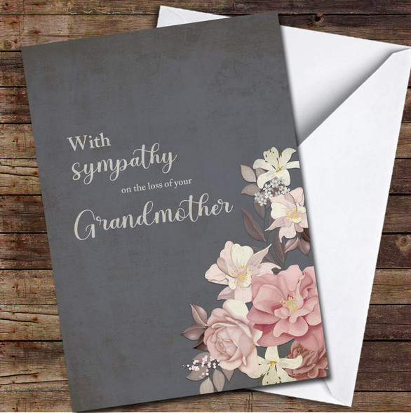 White And Pink Flowers Grey Sympathy Loss Of Grandmother Personalised Card