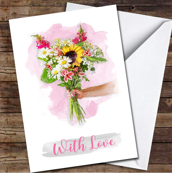 Bouquet Flowers Pink Watercolour Any Occasion With Love Personalised Card