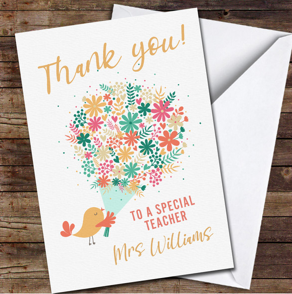 White Bird Bright Bouquet Flowers Special Teacher Thank You Personalised Card