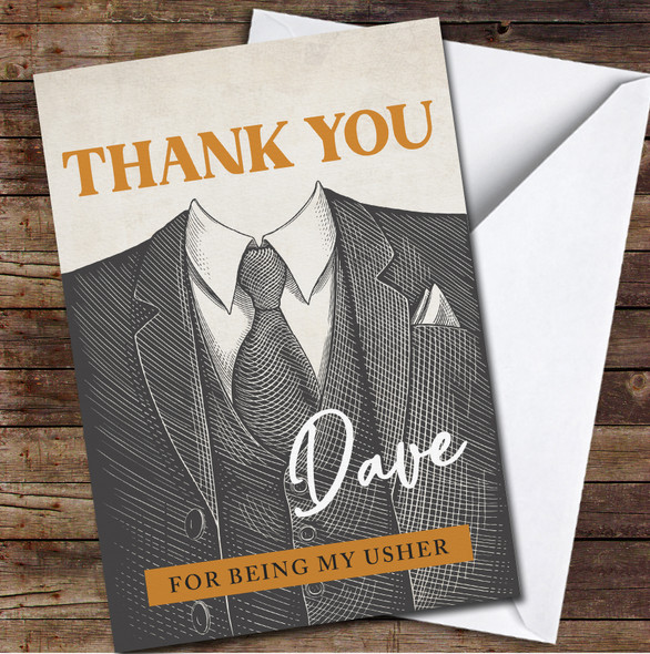 Hand Drawn Engraving Suit Thank You Usher Name Wedding Personalised Card