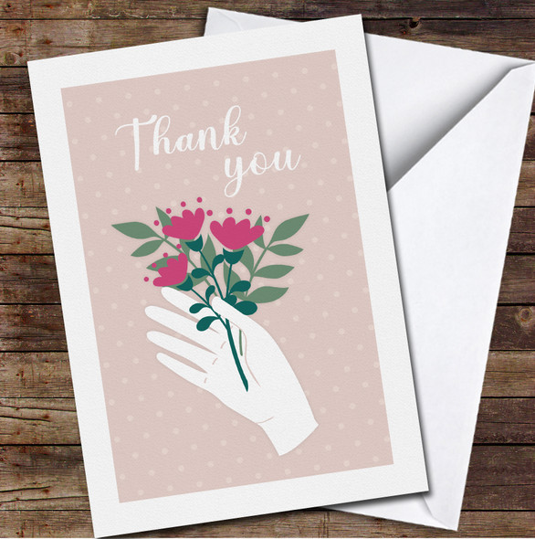 Hand Holding Flower Thank You Polka Pink Personalised Card