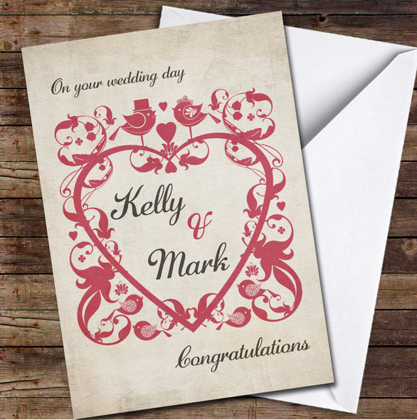 Love Birds Names Red Heart Wreath Wedding Day Congratulations Personalised Card
