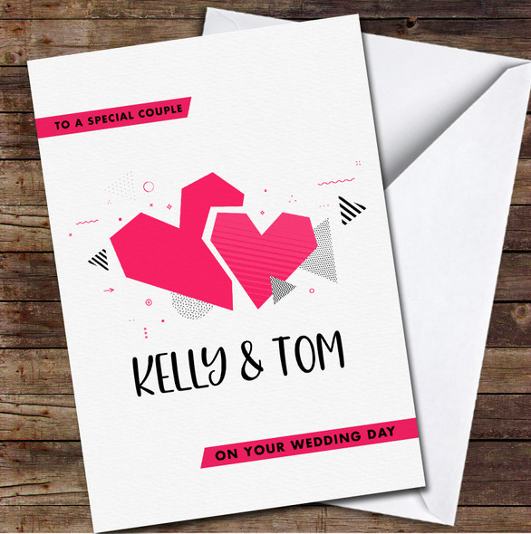 Modern Geometric Pink Hearts Special Couple Wedding Day Names Personalised Card