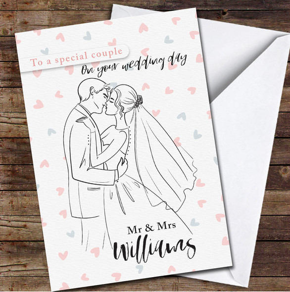 Line Drawing Of Groom & Bride Grey Pink Hearts Wedding Day Personalised Card