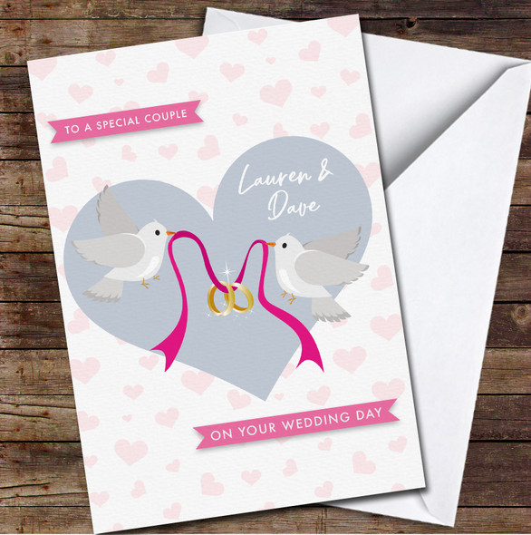 Blue Heart Wedding Doves Pink Special Couple Rings Names Personalised Card