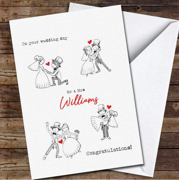 Married Couple Drawing Hearts Wedding Day Mr & Mrs Name Personalised Card