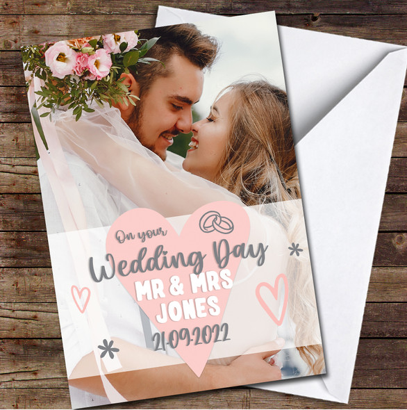 On Your Wedding Day Photo Typographic Heart Banner Date Personalised Card