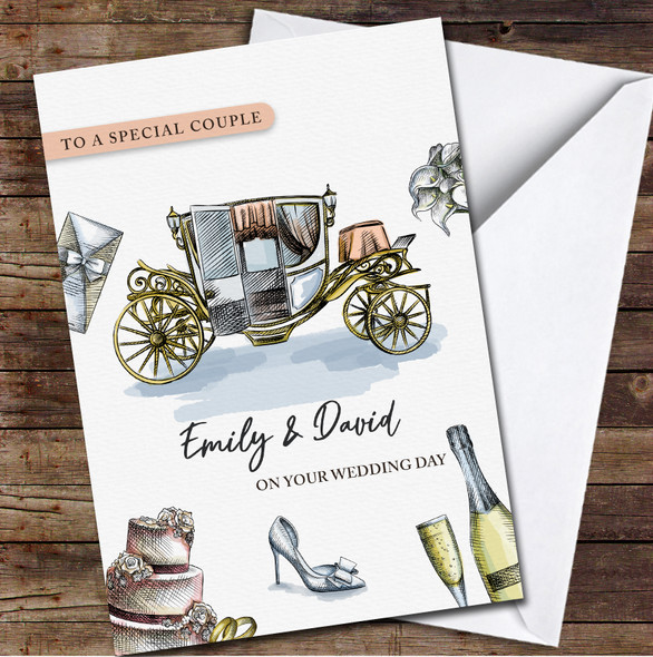 Wedding Carriage Ink Drawing Special Couple Wedding Day Personalised Card