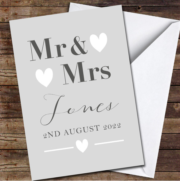Mr & Mrs Typographic Name Grey White Hearts Date Personalised Card