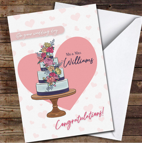 Wedding Day Cake With Flowers Congratulations Personalised Card