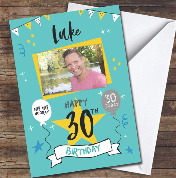 30th Birthday Male Turquoise Party Bright Photo Personalised Birthday Card