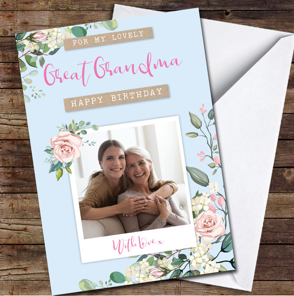 Great Grandma Lovely Happy Light Blue Flowers Photo Personalised Birthday Card